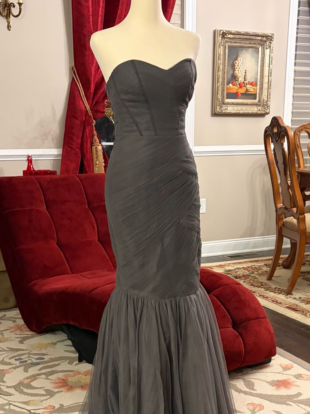 Monique Lhuillier Strapless Mermaid Evening Gown in Charcoal Gray